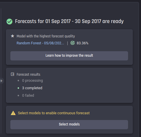 Click  Select models to enable continuous forecast