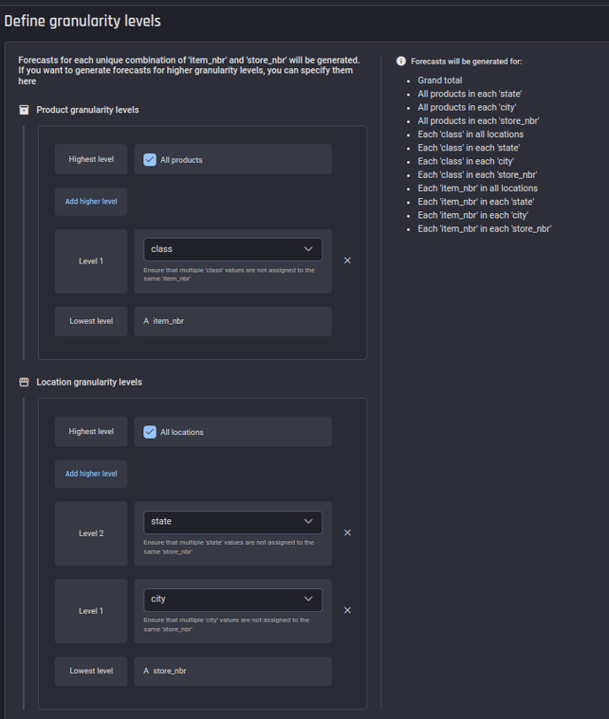 Defining hierarchical granularity levels in AI & Analytics Engine