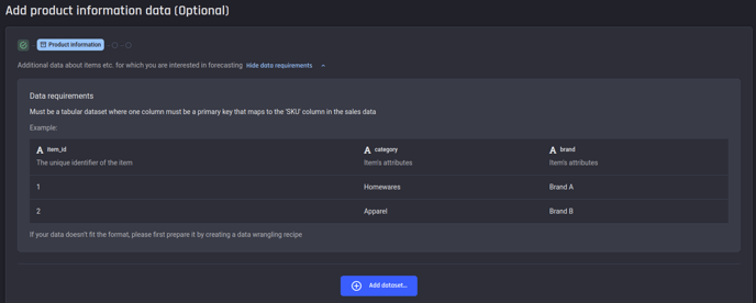 Review product Information data requirements and add dataset