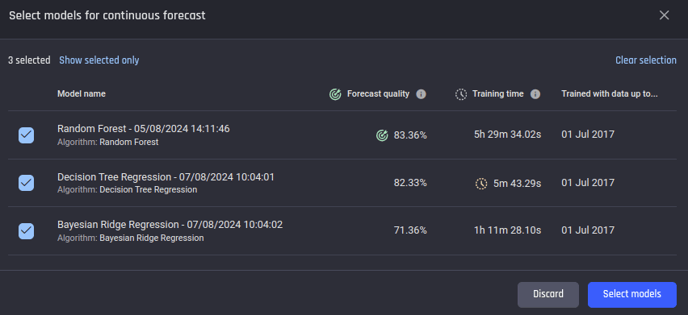 Select the models for continuous forecast